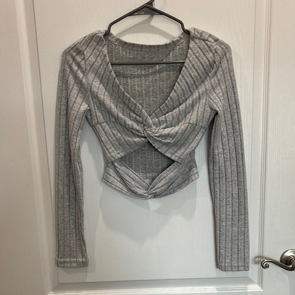 SHEIN Gray Ribbed Crop Blouse with Tie Front